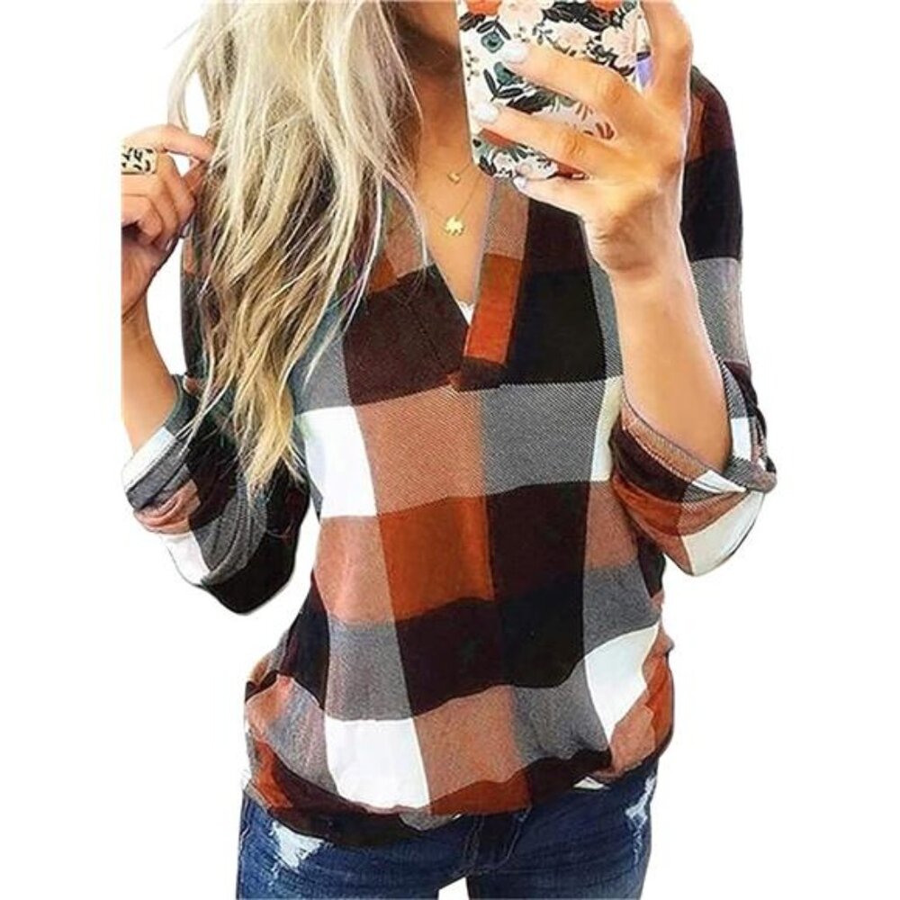 Womens Basic Casual V Neck Plaid Print Cuffed Long Sleeve Work Tops